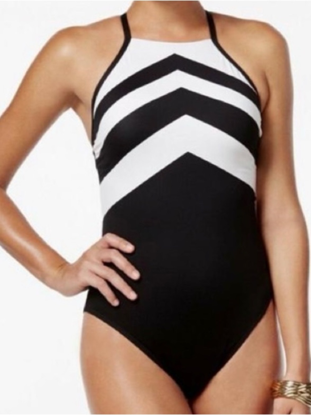 LAUREN RALPH LAUREN Chevron High Neck Logo Swimsuit One Piece